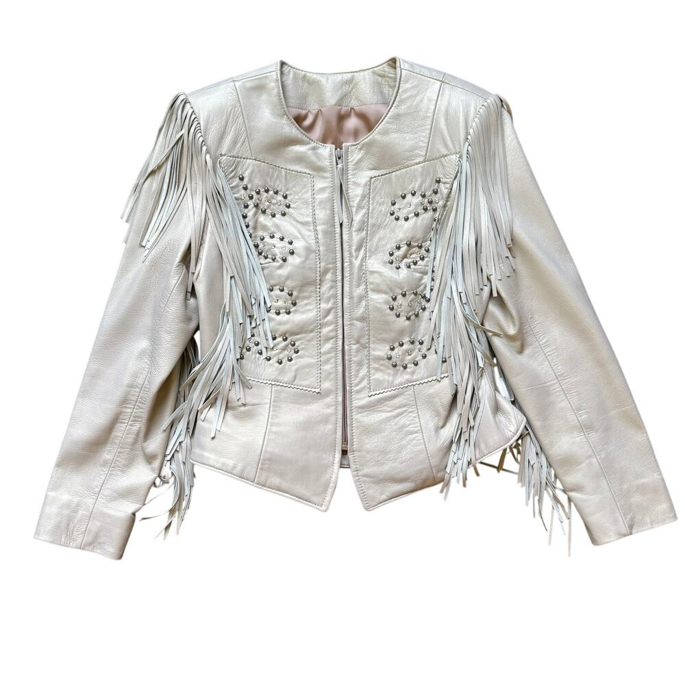 Patricia Wolf Pearlized Leather Fringe Jacket Beige Women’s 10 Made in Texas